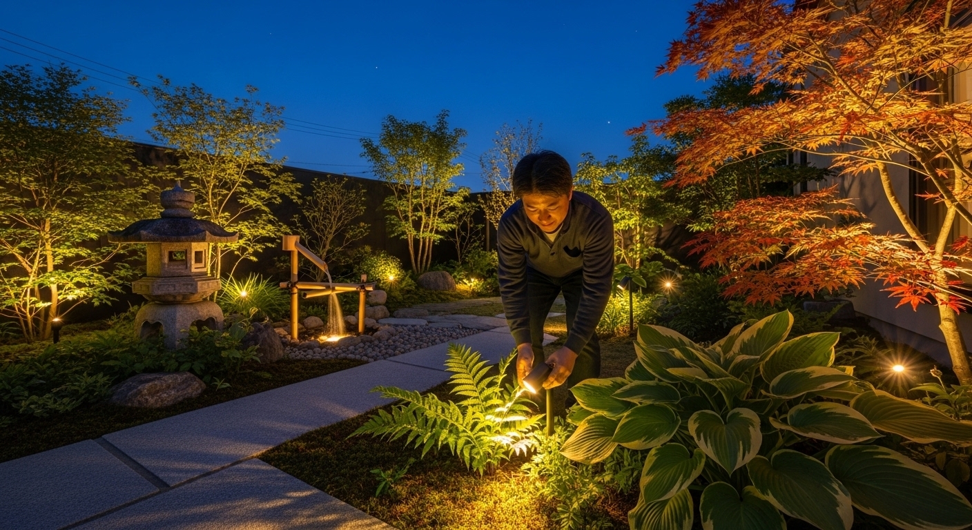 おしゃれ外構　照明で演出する夜の庭